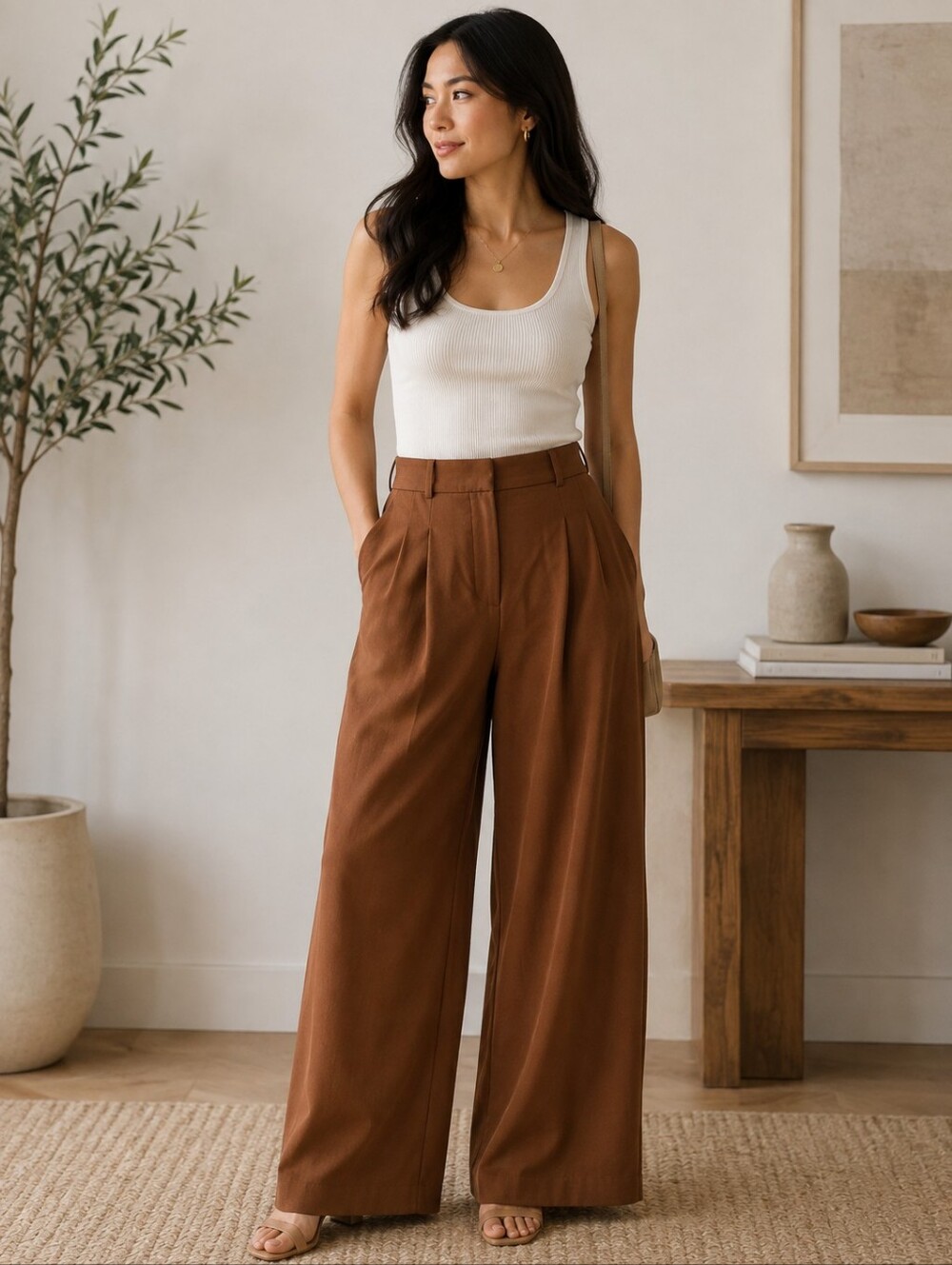 Pink Martini Wide-Leg Dress Pants in Caramel Brown